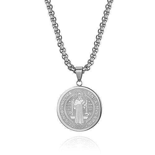 Flongo Saint Benedikt Medaille Halskette Silber st Benedict Medals Kette st. Heiliger Necklace Edelstahl Anhänger Retro Medallion für Damen Herren Benediktussegen Kreuz von Flongo