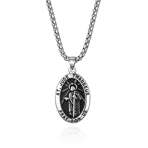 Flongo Rosenkranz Herren Anhänger Damen Kette Halskette, Edelstahl Anhänger Halskette Kette Silber St. Jude Judas Thaddaeus Retro Oval Medallion von Flongo