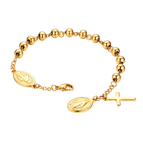 Flongo Rosenkranz Herren Armband Damen Armkette Kette, Edelstahl Kugelkette Armreif Gold Golden Jungfrau Maria Heilige Maria Mutter Gottes mit Kreuz Medallion Anhänger von Flongo