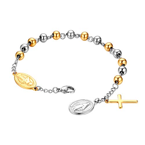 Flongo Rosenkranz Herren Armband Damen Armkette Kette, Edelstahl Kugelkette Armreif Silber Gold Golden Jungfrau Maria Heilige Maria Mutter Gottes mit Kreuz Medallion Anhänger von Flongo