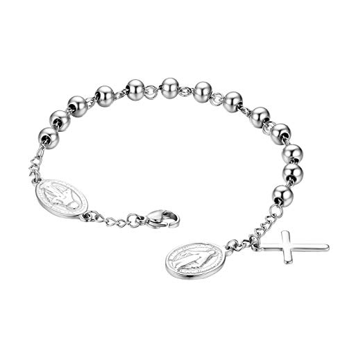 Flongo Rosenkranz Herren Armband Damen Armkette Kette, Edelstahl Kugelkette Armreif Silber Jungfrau Maria Heilige Maria Mutter Gottes mit Kreuz Medallion Anhänger von Flongo