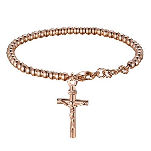 Flongo Rosenkranz Kette Armband Kugelkette Silber Rose Gold mit Jesus Christus Kruzifix Kreuz Medal Medallion für Männer Frauen von Flongo