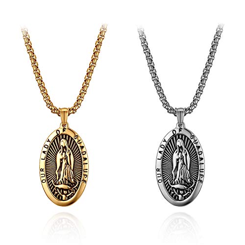 Flongo Rosenkranz Kette Halskette, Edelstahl Anhänger Halskette Kette Silber Gold Golden Jungfrau Maria Heilige Maria Mutter Gottes Retro Medallion Herren,Damen 2er Set von Flongo