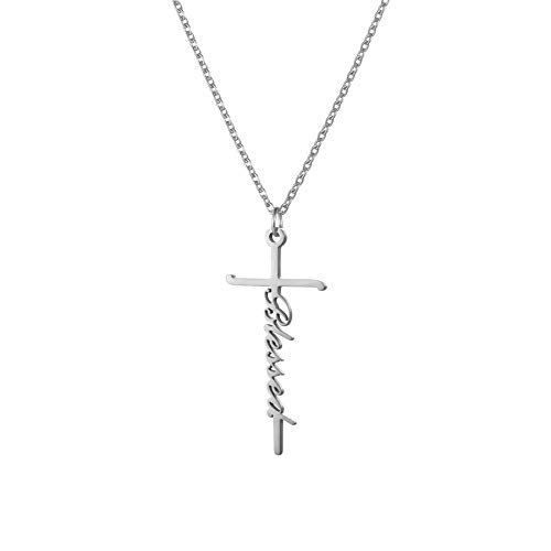 Flongo Rosenkranz Kreuz Anhänger Kruzifix Kette Jahrgang mit Blessed Schrift Silber für Frauen Damen Geschenk von Flongo