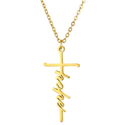 Flongo Rosenkranz Kreuz Anhänger Religiös Kruzifix Kette Jahrgang mit Hope Schrift Gold für Frauen Damen Geschenk von Flongo