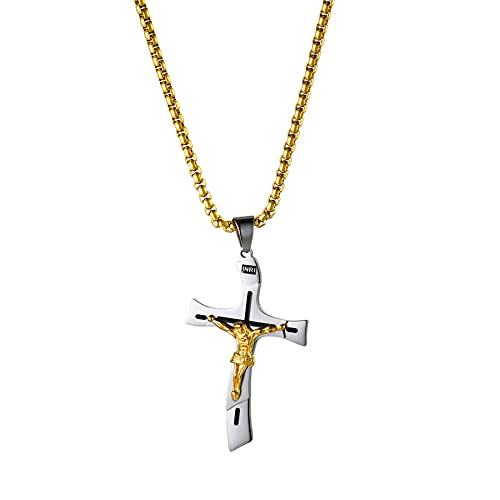 Flongo Rosenkranz Männer Kette Frauen Halskette mit INRI Jesus Kreuz Kruzifix Anhänger Golden Gold Damen Herren-Accessoires von Flongo