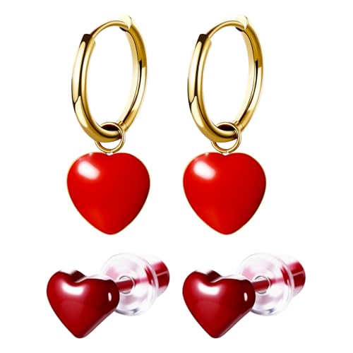 Flongo Rote Herz Ohrringe für Damen: 2 Stück Herzohrringe Vintage Emaille Ohrhänger und Keramik Ohrstecker - Hypoallergener Edelstahl Schmuck - Geschenk für Frauen Mädchen - Valentinstag von Flongo