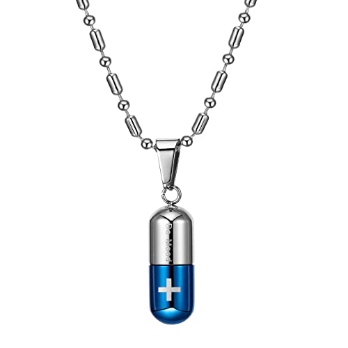 Flongo SOS Anhänger, Damenkette Herrenkette Edelstahl Anhänger Halskette Blau Silber Kruzifix Kreuz SOS Notfall-Kapsel Herren Damen, mit 55cm Kette von Flongo