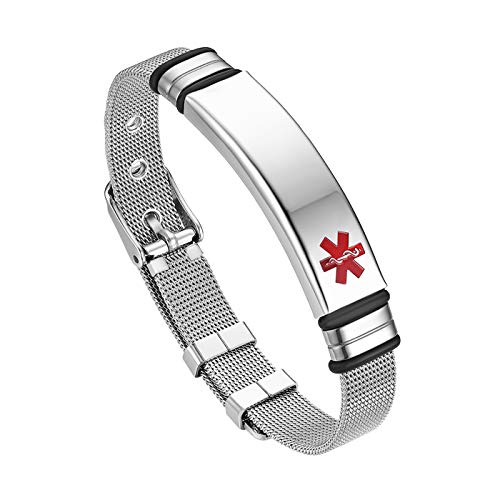 Flongo SOS Damen Medical Armband Männer Armreif, Edelstahl Kette mit Mesh Band Silber Medical Alert ID Notfall Medizinische Marke Herren-Accessoires Kostenlose Gravur von Flongo