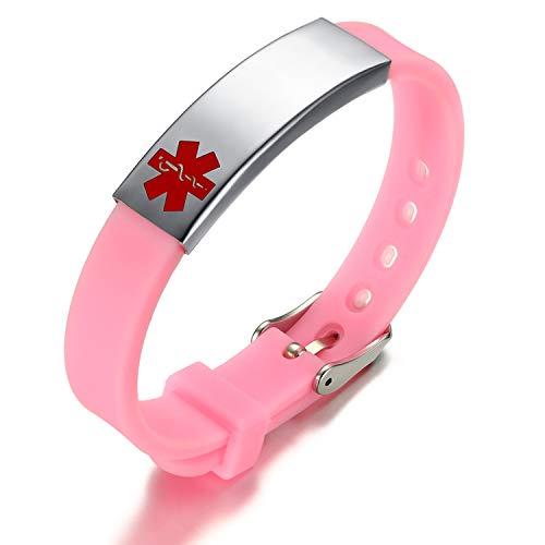 Flongo SOS Damen Medical Armband Männer Armreif, Edelstahl Silikon Kautschuk Kette Silber Pink Medical Alert ID Notfall Medizinische Marke Herren-Accessoires Kostenlose Gravur von Flongo