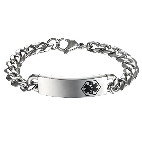 Flongo SOS Herren Armband Männer Armkette Panzerkette Silber Medical Alert ID SOS Notfall Medizinische Marke Herren-Accessoires mit Personalisierte Gravur von Flongo