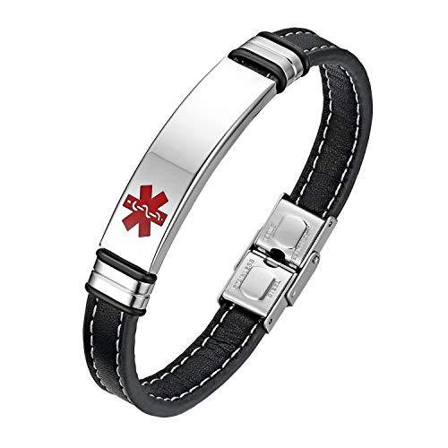 Flongo SOS Herren Armband Männer Armreif Lederarmband, Edelstahl Leder-Armband Kette Silber Schwarz Medical Alert ID SOS Notfall Medizinische Marke Herren-Accessoires Kostenlose Gravur von Flongo