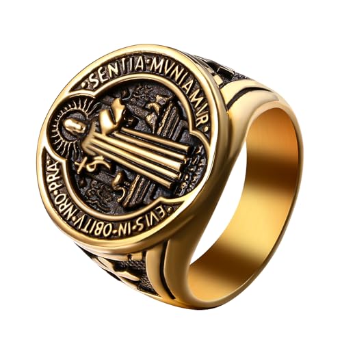 Flongo Saint Benedikt Siegelring für Herren: Gold Religiöser Ring Amulett Heiliger Benedikt Edelstahl Katholisches Kreuz Exorzismus Ring Runde Retro Band Glücksbringer Amulett Geschenk Ringgröße 57 von Flongo