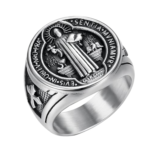 Flongo Saint Benedikt Siegelring für Herren: Silber Religiöser Ring Amulett Heiliger Benedikt Edelstahl Katholisches Kreuz Exorzismus Ring Runde Retro Band Glücksbringer Amulett Geschenk Ringgröße 62 von Flongo