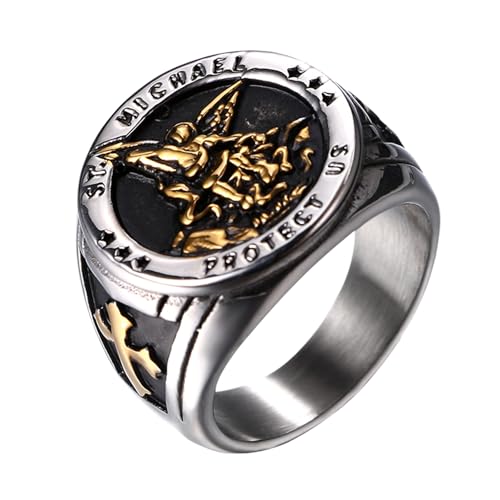 Flongo Saint Michael Siegelring für Herren: Gold Religiöser Ring Amulett Heiliger Michael Edelstahl Beschützer Schmuck Signet Ring Religion Runde Retro Band Geschenk Größe von 57 bis 71 von Flongo