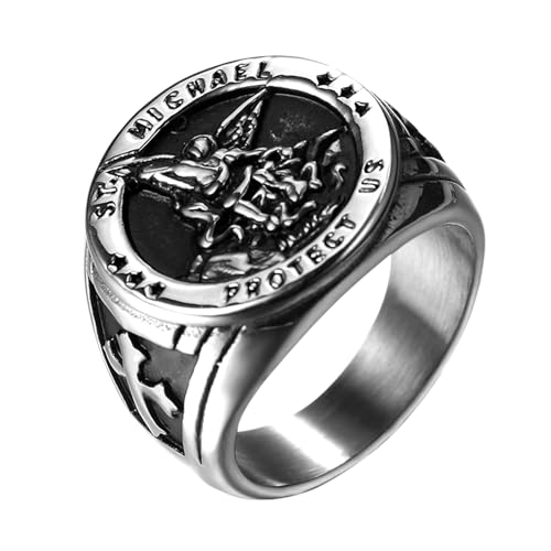 Flongo Saint Michael Siegelring für Herren: Silber Religiöser Ring Amulett Heiliger Michael Edelstahl Beschützer Schmuck Signet Ring Religion Runde Retro Band Geschenk Größe von 57 bis 71 von Flongo