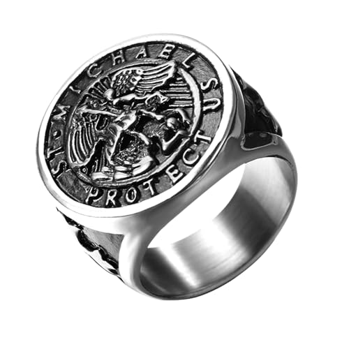 Flongo Saint Michael Siegelring für Herren: Silber Religiöser Ring Amulett Heiliger Michael Edelstahl Beschützer Schmuck Signet Ring Religion Runde Retro Band Geschenk Größe von 57 bis 71 von Flongo