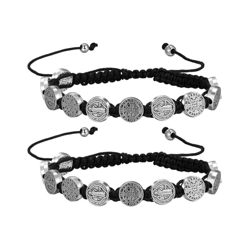 Flongo Sankt Benedikt Armband für Damen: 2 Stück Handgeflochtenes Armkette mit Original Italienischer Medaille - Verstellbare Größe für Frauen und Herren - Silberfarbene Legierung mit Wachsschnur von Flongo