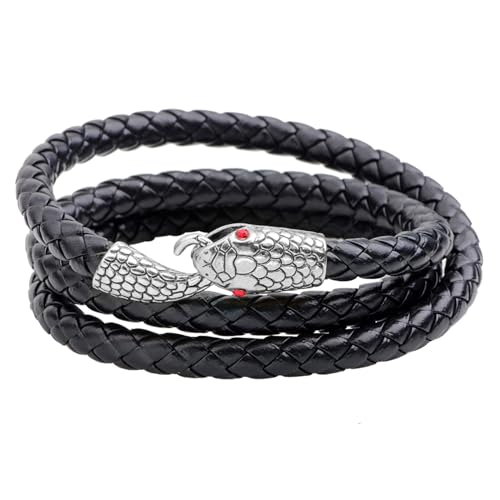 Flongo Schlange Leder Armband Schwarz: Herren Schlangen Lederarmband geflochten wikinger mehrschichtig Snake Bracelet breit vintage armreif silber Anhänger für Damen Männer Jungs von Flongo