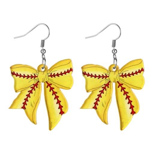 Flongo Schleife Softball Ohrhänger für Damen: 925 Silber Nadel Hypoallergen - Sport Hängeohrringe 5,8cm - Acryl Design - Süße Sportschmuck für Teenager Tochter - Geschenk für Sportlerinnen Mädchen von Flongo