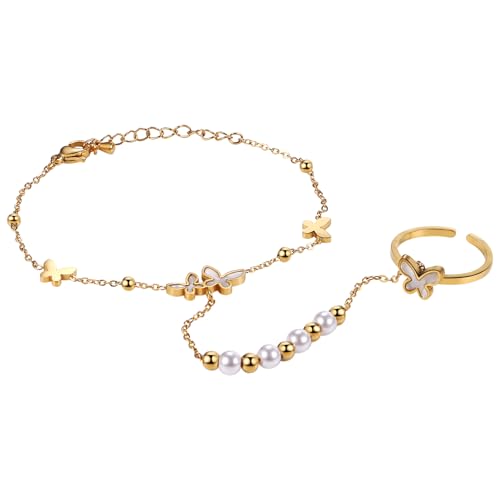 Flongo Schmetterling Armband Ring für Damen: Schmetterling Ring Armkette verbunden Handschmuck Perlenkette Edelstahl Armreif öffnen Ring Mädchen Muttertag Valentinstag empfindliche Geschenk von Flongo