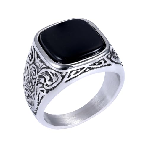 Flongo Schwarzer Onyx Siegelring für Herren: Quadratischer Biker Ring - Vintage Herrenringe mit Naturstein - Edelstahlring für Männer - Größe 62 von Flongo