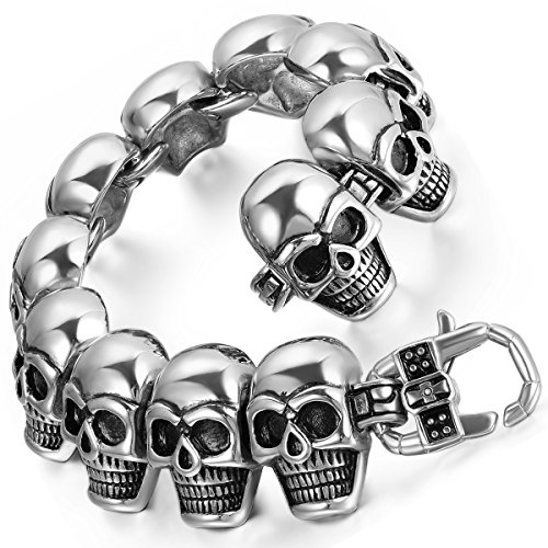 Flongo Schwer Edelstahl Armband Armreif Manschette Silber Totenkopf Schädel Gotik Motorradfahrer Biker Herren von Flongo