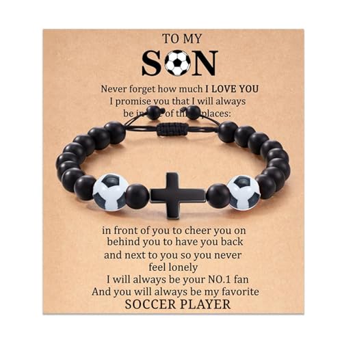 Flongo Sohn Geschenk Fußball Armband: Kreuz Gift for Son zum Geburtstag Azubi Weihnachten Armbänder natürliche Perlen Naturstein bead Fussball soccer football cross bracelets for boys Junge Kinder von Flongo