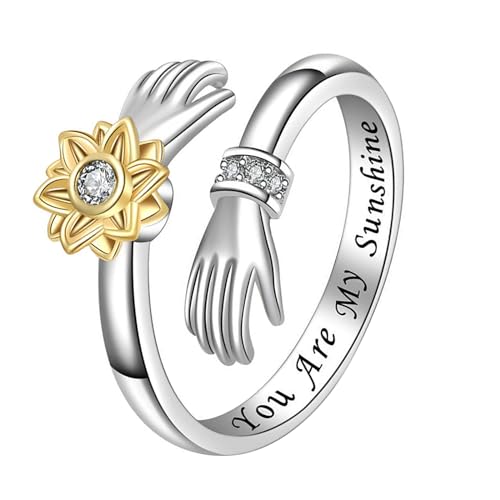 Flongo Sonnenblume Umarmung Angst Ring: Damen Fidget Anti stress ringe Frauen silber Schmuck graviert Du bist mein Sonnenschein Geschenk für Mädchen Teenager Tochter verstellbar edelstahlringe von Flongo