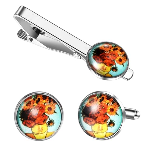 Flongo Sonnenblumen Manschettenknöpfe und Krawattenklammer für Herren: 2 Stück Vincent van Gogh Silber Kunst Schmuck Künstler Motiv Accessoires Hochzeit Business Abendgarderobe von Flongo