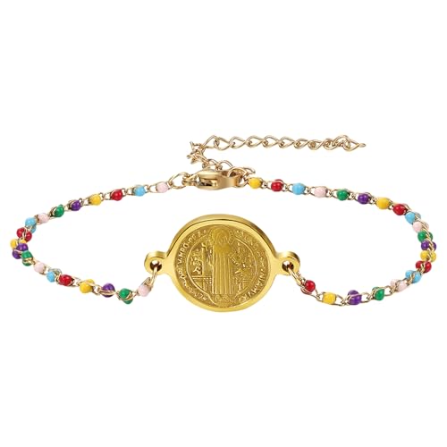 Flongo St. Benedikt Rosenkranz Armband für Damen: Medaille Edelstahl - Katholisch Religiös Bunte Perlen 19-24cm - Christlicher Schmuck für Frauen Mädchen - Geschenk Taufe Kommunion Konfirmation von Flongo