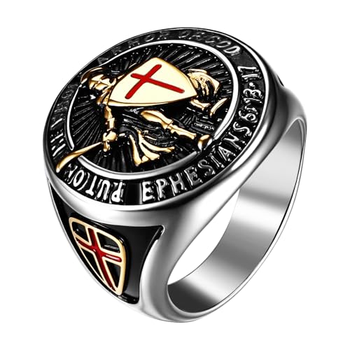 Flongo St. Michael Erzengel Ring für Herren: Kreuz Schild Edelstahl Schutzschild Ring Katholischer Siegelring Amulett mit Medaillon Religiöser Schmuck Geschenk für Christen Größe 57 von Flongo
