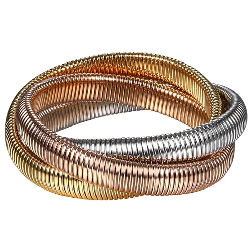 Flongo Stretch Armband Edelstahl Damen: 18k Gold Silber vergoldet Wrap Armreif Triple Layered Armkette Elastisch Stilvoll schlicht Kette aus Schlangenknochen Schlangenarmband Manschettenarmband von Flongo