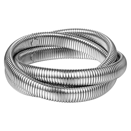 Flongo Stretch Armband Edelstahl Damen: 18k Silber Wrap Armreif Triple Layered Armkette Elastisch Stilvoll schlicht Kette aus Schlangenknochen Schlangenarmband Manschettenarmband von Flongo