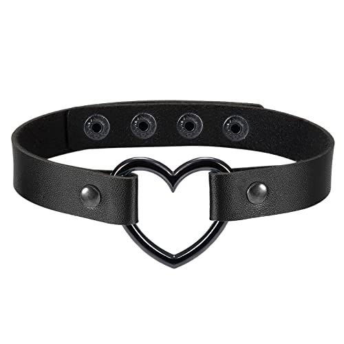 Flongo Tattoo Choker Leder Halsband Lederhalsband Damen, Leder Halskette Halsband Anhänger Choker Tattoo Kette Schwarz Blau Pink Rot Lila Weiß Silber Herz Gothic Punk Rock von Flongo