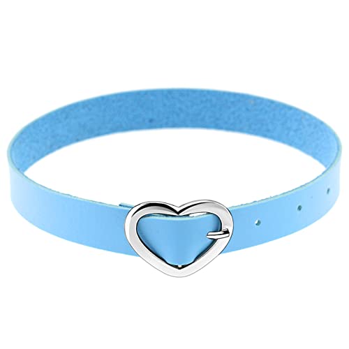 Flongo Tattoo Choker Leder Halsband Lederhalsband Damen Halskette mit Herz Anhänger Kette Blau Silber Gothic Punk Rock von Flongo