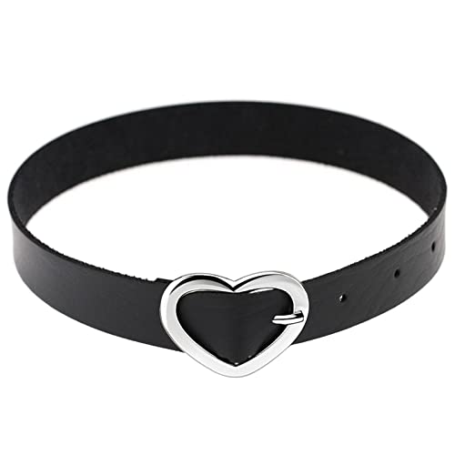 Flongo Tattoo Choker Leder Halsband Lederhalsband Damen Halskette mit Herz Anhänger Kette Schwarz Silber Gothic Punk Rock von Flongo