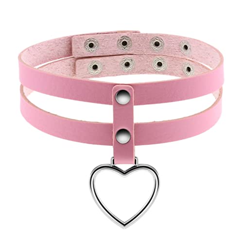 Flongo Tattoo Choker Leder Halsband Lederhalsband Damen Halskette mit Herz Nieten Anhänger Kette Pink Silber Gothic Punk Rock von Flongo