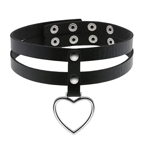 Flongo Tattoo Choker Leder Halsband Lederhalsband Damen Halskette mit Herz Nieten Anhänger Kette Schwarz Silber Gothic Punk Rock von Flongo