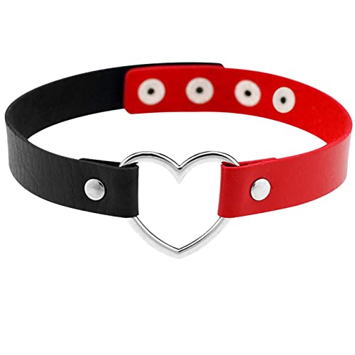 Flongo Tattoo Choker Leder Halsband Lederhalsband Damen Kragen Halskette Anhänger Kette mit Herz Gothic Punk Rock für Frauen Mädchen Rot Schwarz von Flongo