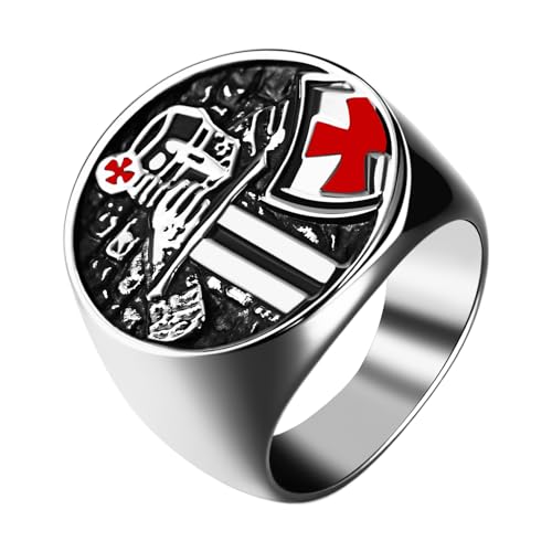 Flongo Tempelritter Siegel Ring für Herren: Kreuz Medaille Edelstahl Schutzschild Siegelring mit Erzengel Michael Amulett Kreuzritter Schmuck Religiöses Geschenk für katholisch Größe 71 von Flongo