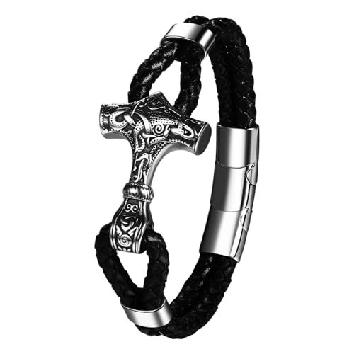 Flongo Thor Hammer Armband für Männer: Silber Wikinger Mjölnir Vintage Schmuck mit Magnetverschluss - Nordisches Lederarmband mit 3D Anhänger - Edelstahl PU Leder Armreif Geschenk für Herren von Flongo