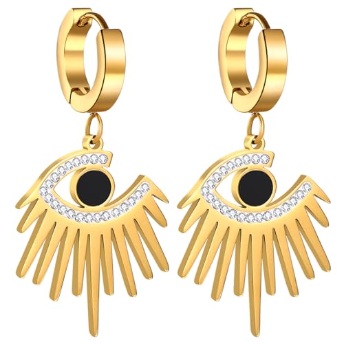 Flongo Türkisches Auge Ohrringe Damen: evil eye gold Hoop baumelnd Huggie Creolen groß Statement Ohrstecker Quasten charm chunky böser blick Edelstahl vergoldet goldene Earrings Glücksamulett Frauen von Flongo