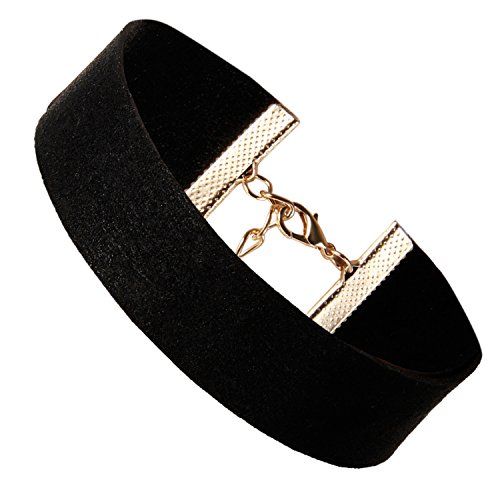 Flongo Velvet Samt Choker Damen Halsband schwarz mit gold O Ringe Anhänger punk goth gothic Halskette Kette Band Elastisch 25mm Breite Verstellbar Für Frauen Mädchen Herren Halloween Kostüm von Flongo