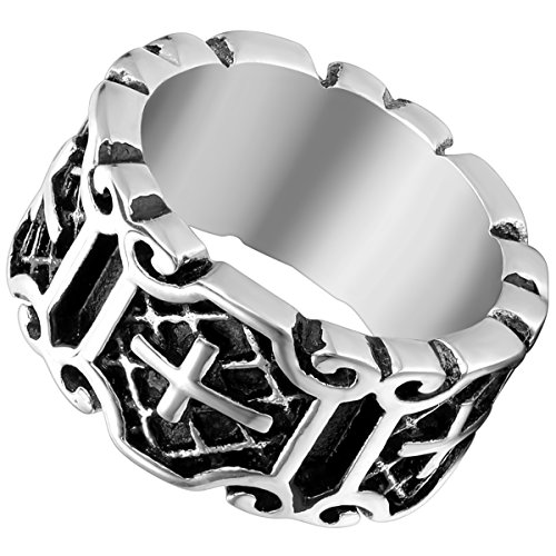Flongo Vintage Punk Kreuz Ring: Edelstahl Herrenring Biker Schutz Amulett Schmuck Daumenring Bandring Siegel Ring Silber Schwarz Kruzifix Retro Punk Rock Herren Ringgröße 67 von Flongo