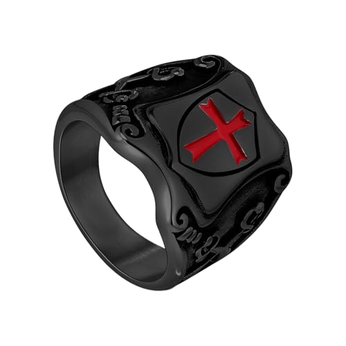 Flongo Vintage Tempelritter Ring für Herren: Schwarzer Kreuz Edelstahl Ringe mit keltischem Knoten und Wikinger-Axt Design - 18K Gold Beschichtung Geschenk für Männer - Größen 57 von Flongo