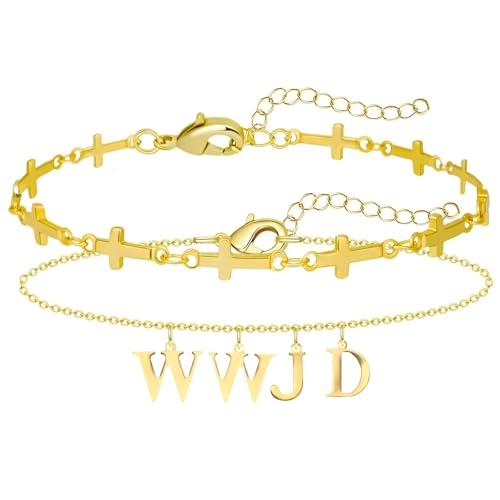 Flongo WWJD Gold Armbänder für Damen: 2 Stück Jesus Armreif Edelstahl Religion Kreuz Armkette Stapelbar Amulett Gebet Inspirational Frauen Mädchen What Would Jesus Do Herren Schmuck Geschenke von Flongo