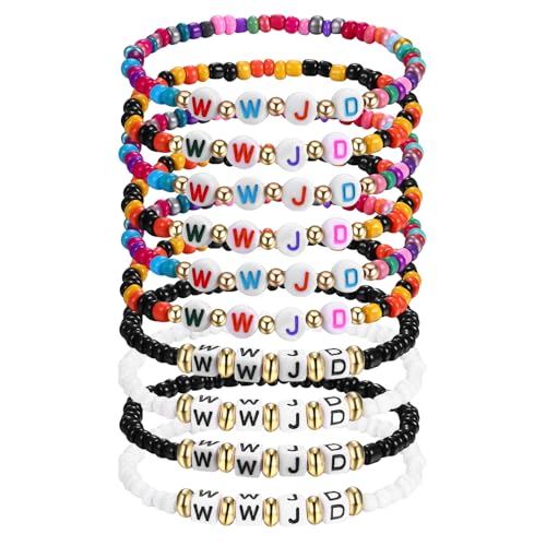 Flongo WWJD bracelets Jesus Armband: bunt schwarz weiß christliche Armbänder Perlen Set W.W.J.D. 10 Stück Was würde Jesus tun perlenarmband damen Herren christliche geschenke für preppy surfer surfing von Flongo