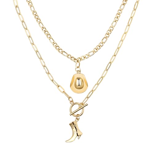 Flongo Western Cowgirl Halskette für Damen: 2 Stück Cowboyhut und Stiefel Anhänger - Edelstahl Layering Ketten 45cm+50cm - Country Style Modeschmuck - Geschenk für Frauen von Flongo