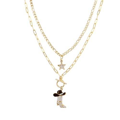 Flongo Western Cowgirl Halskette für Damen: 2 Stück Stern und Stiefel Anhänger Strass - Edelstahl Layering Ketten 45cm+50cm - Country Style Modeschmuck - Geschenk für Frauen von Flongo